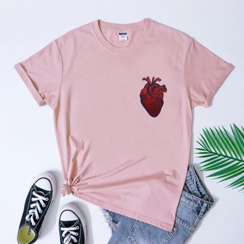 Anatomical Heart Pocket Print T Shirt Women Hipster Nurse Cardiology T-shirt Streetwear Aesthetic Anatomy Graphic Tees Tops 5XL