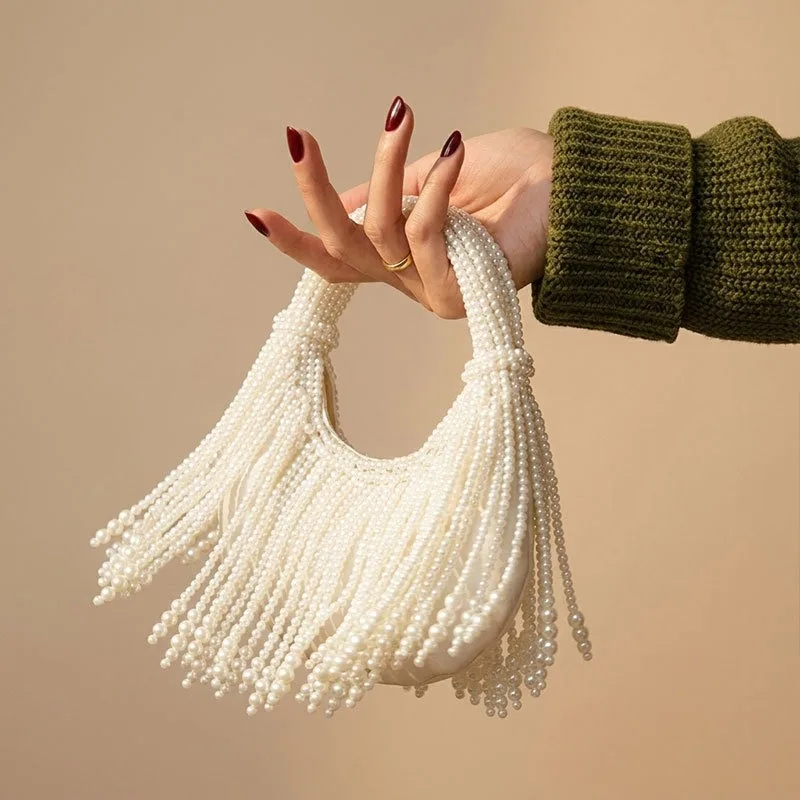New Luxury Handmade Faux Pearl Beaded Evening Clutch Elegant Party Wedding Handbag for Women Vintage Fringe Detail Shoulder Bag,