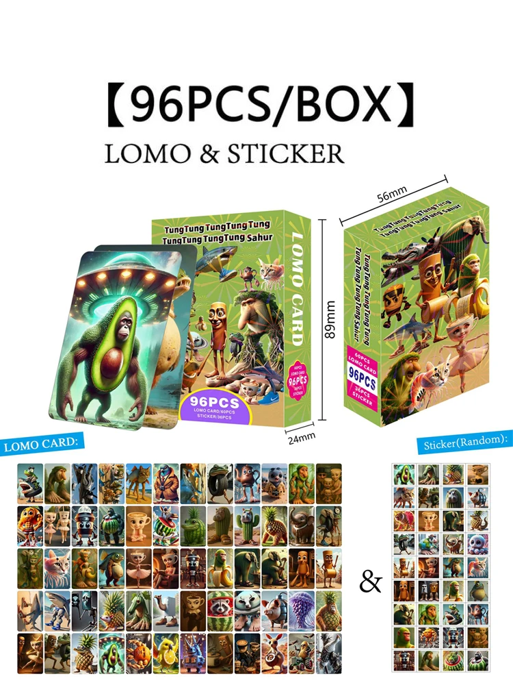 96 Uds fotos de dos estilos de tarjeta LOMO Shan Hai Jing tarjeta pequeña de doble cara Tung Tung Sahur palo de madera pegatinas de tarjetas de personas