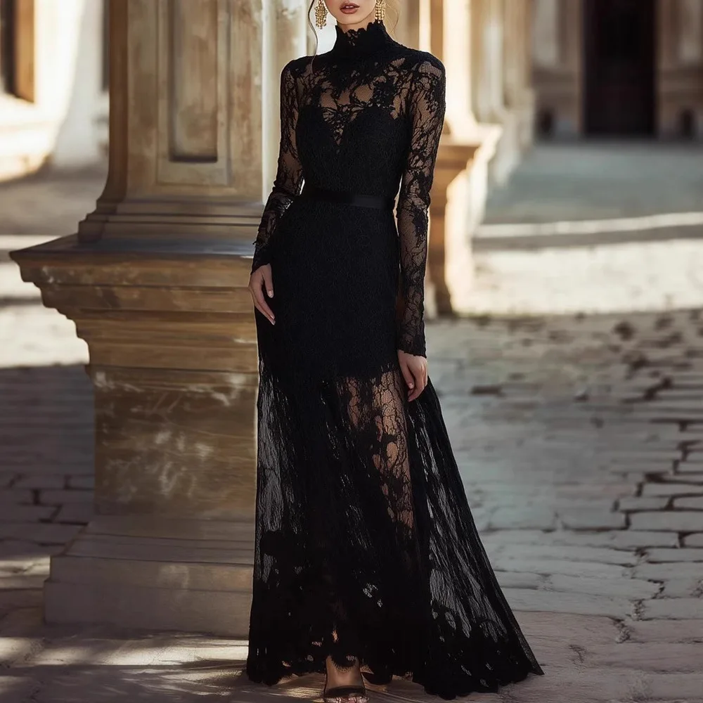 

Women Sexy Lace Maxi Dress 2026 Spring New Long Sleeve Turtleneck Slim Irregular Dress Fashion Hollow Out Elegant Party Dresses