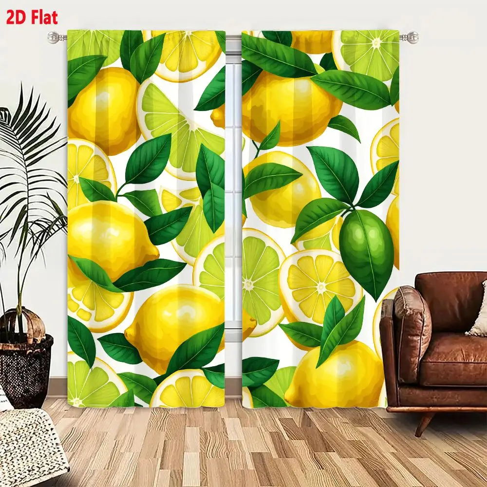2Pcs Curtains 2D Flat Seamless Pattern With Whole Lemons Lime Slices And Green Leaves On White Background Vibrant Citrus Fresh D