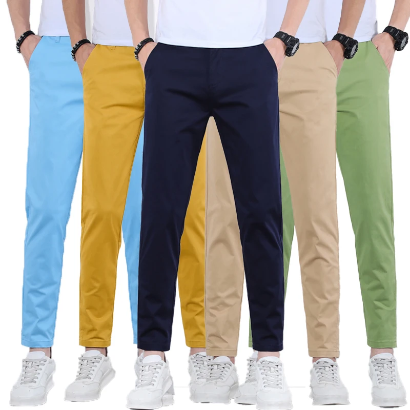 

KUBRO 9 Color Men's Cotton Casual Pants Elastic Waist Slim Straight Solid Business Trousers Four Seasons Brand Male Clothes