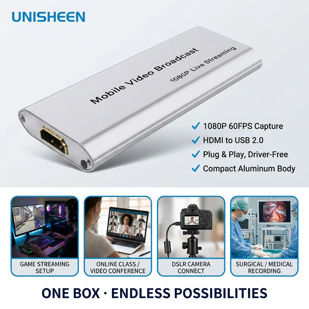 UC2000H Aluminum Alloy Housing USB 2.0 Video Capture Card 1080P60 High Definition Video Grabber Box Support OBS Zoom