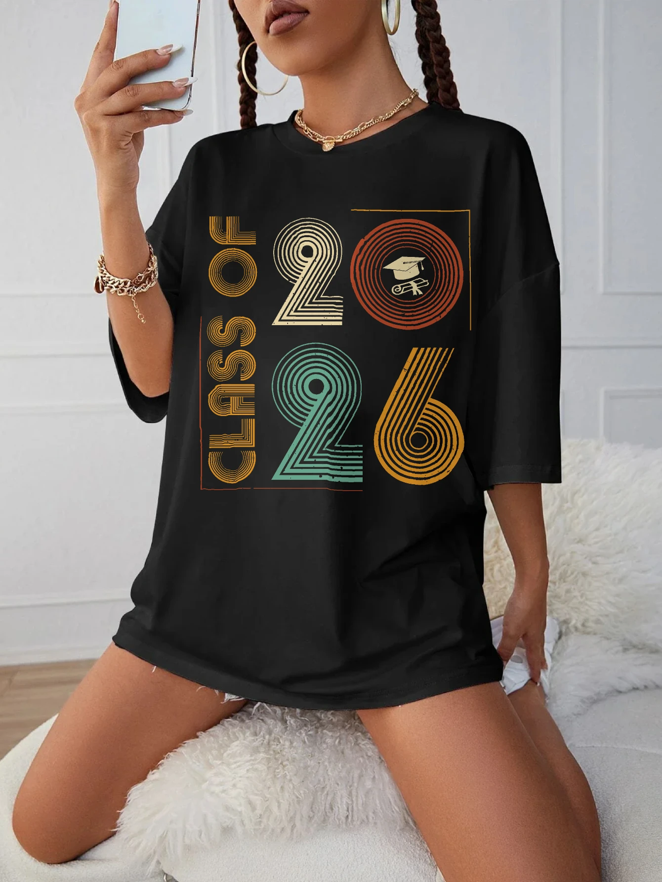 

Class of 2026 Senior 2026 Graduation T-Shirt Design Cozy Black Round Neck Shirt for Women Plus Size Autumn Top Halloween Holiday