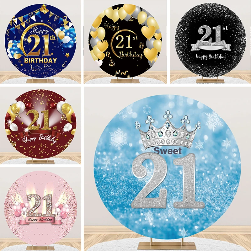 

21st Birthday Round Backdrop for Boy Girl Party 21 Years Old Decorations Blue Glitter Silver Crown Twenty-One Circle Background