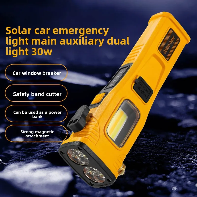 

Solar Rechargeable Super Bright LED Flashlight with Safety Hammer and Strong Magnets Side Light Torch Light Portable Lantern