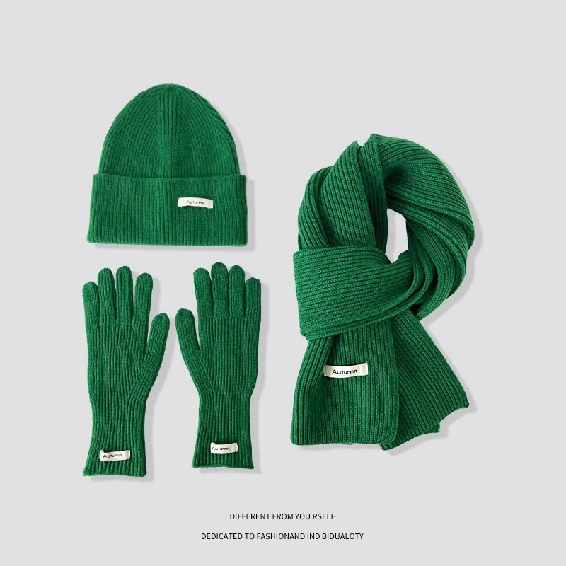Solid Color Fashion Korean Hats for Women Winter Warm Knitted Hat Scarf Gloves Women's Windproof Adult Three-piece Set Scarves