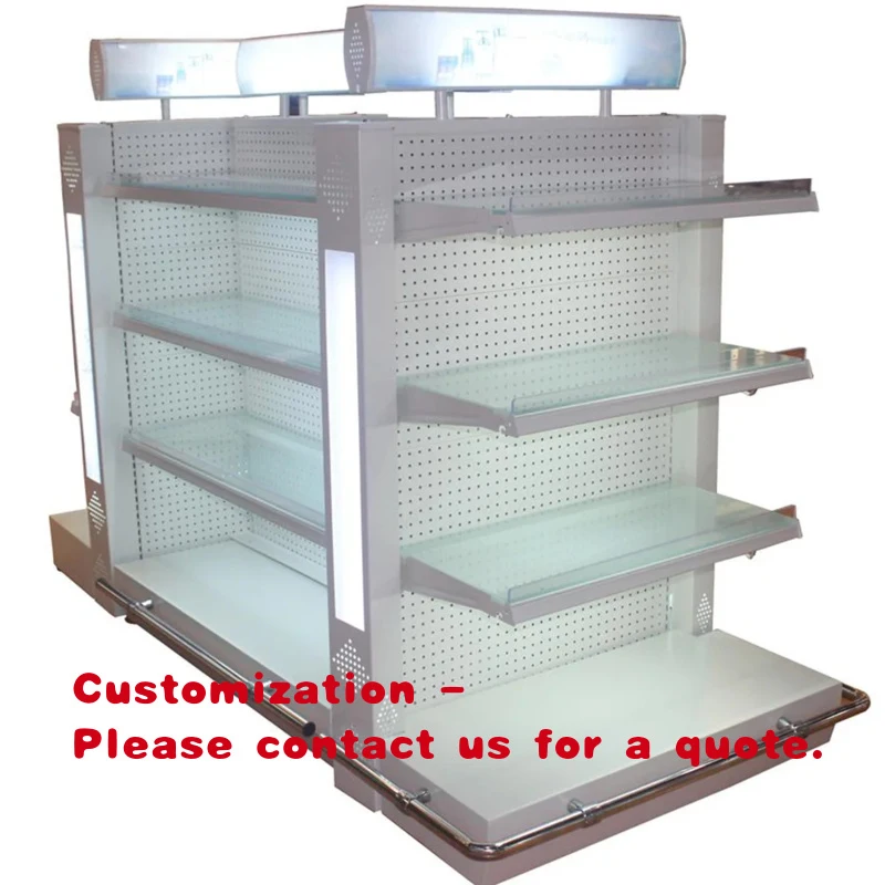 custom.White 4 Layers Supermarket Shelves Double-Sided With Advertising Light Signs Store Shelves Display Gondola Rack