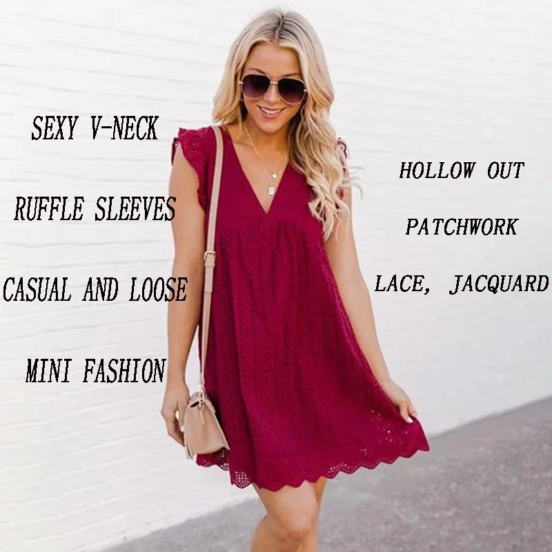 Hollow Out Sexy Lace Mesh Mini Dresses for Women V-neck Ruffle Sleeves A-line New Summer Lose Sundress with Pocket and Shorts