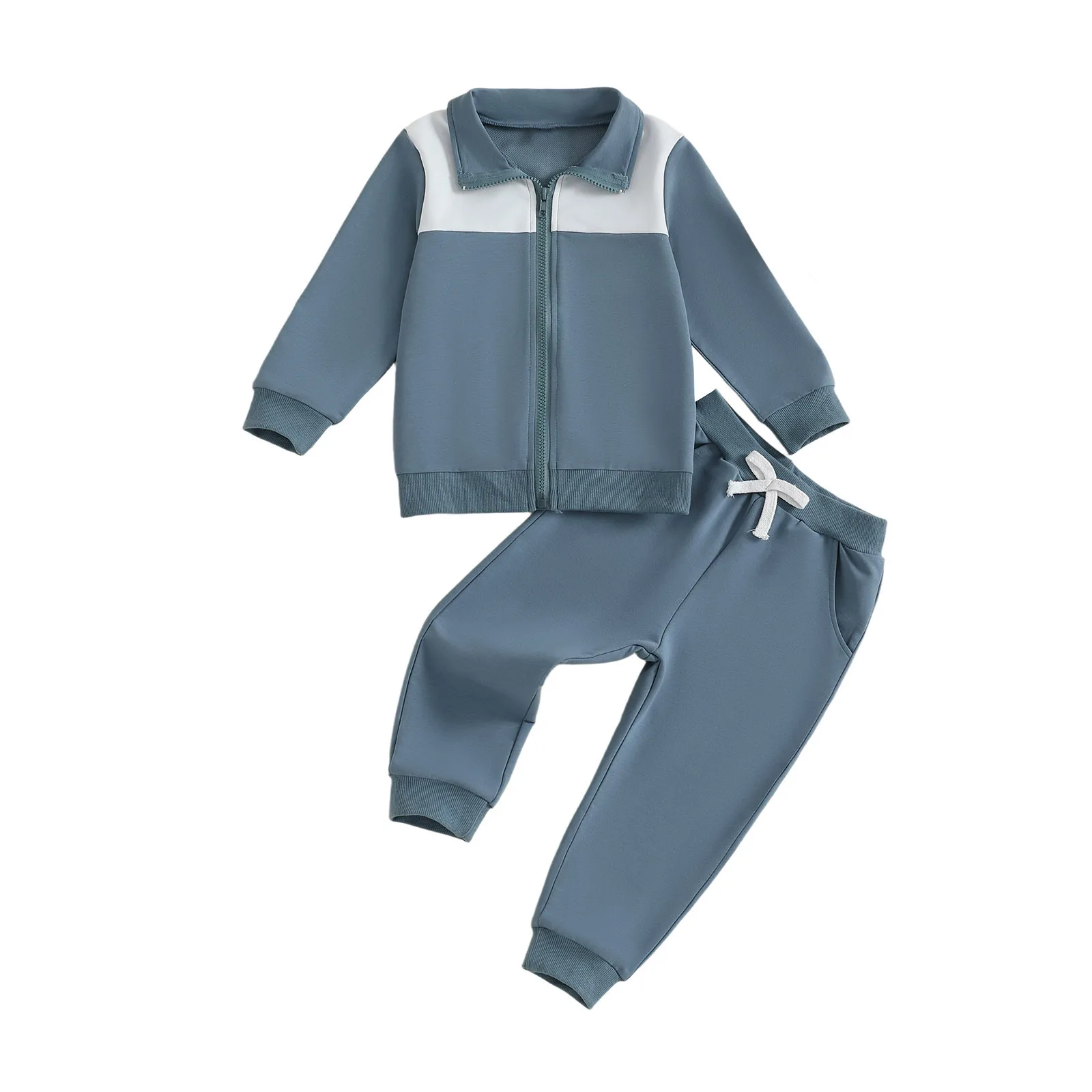 

Toddler Boy Fall Outfits Contrast Color Long Sleeve Zip Up Jacket Elastic Waist Solid Pants 2 Pcs Set