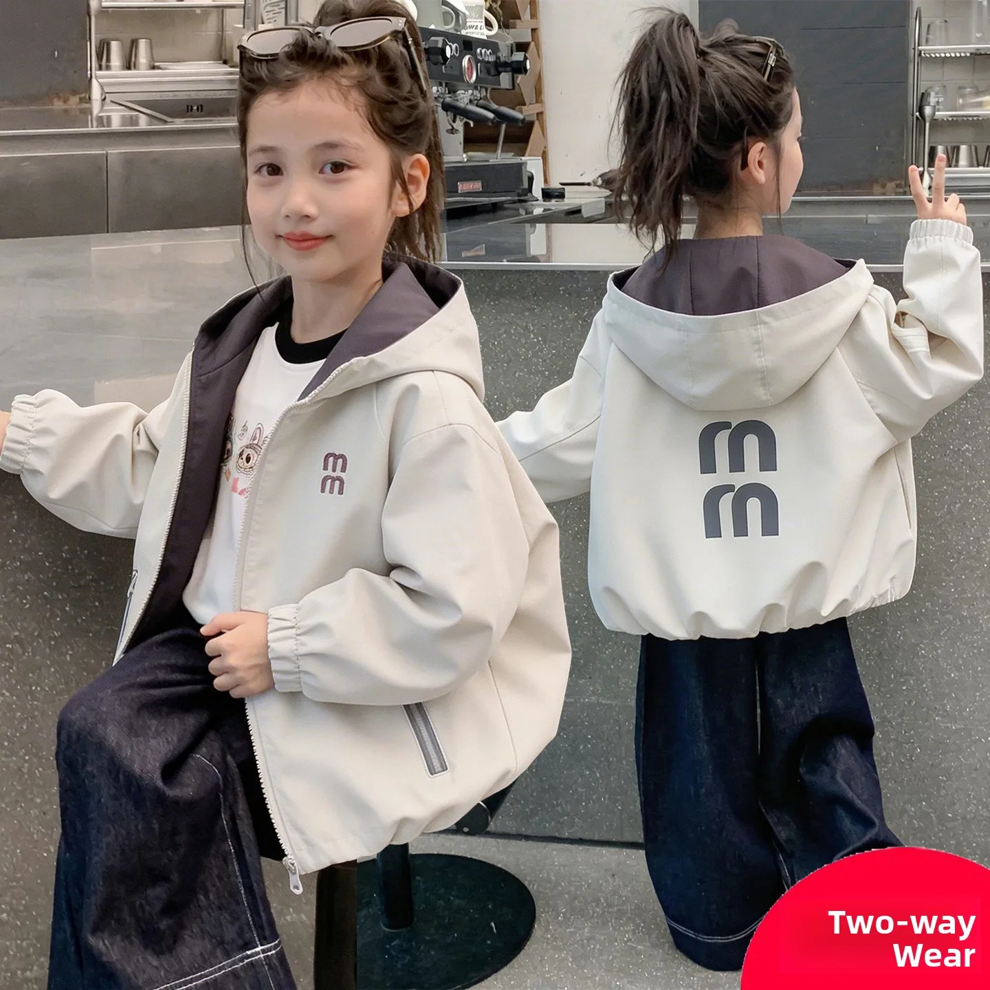 Girls Double-Sided Wear Spring Coat Hooded Casual Jacket New Arrival Children's Outerwear Polyester Fiber Windproof Waterproof