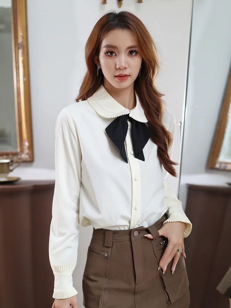 

Ретро-топ премиум-класса для женщин с модным воротником-стойкой, свободный, стройнящий, новый дизайн, весна 2024, прямой крой, длинный рукав...