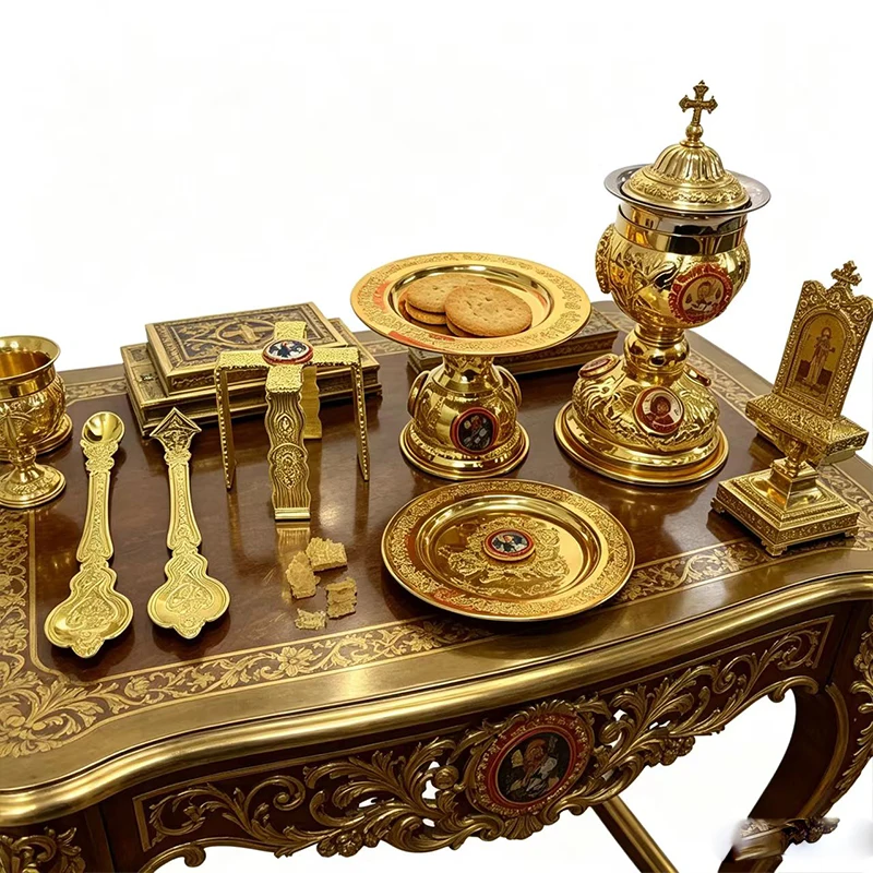 Complete Orthodox Altar Set Gold Metal Chalice Diskos Liturgical Spoons and Holy Icon for Church Altar Christian Religious Gift