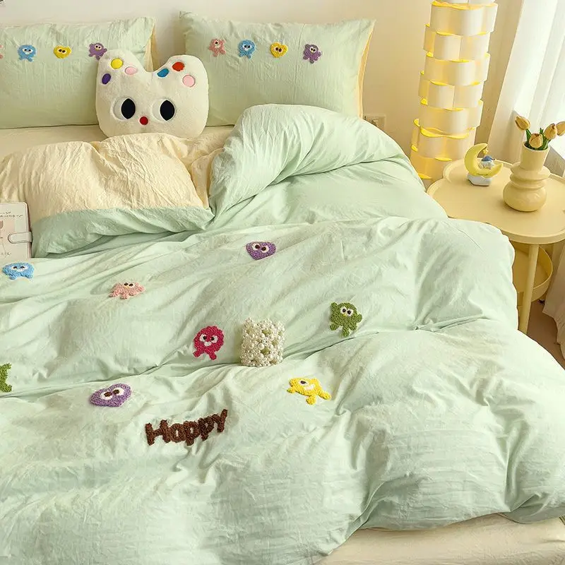 A-class high-value little monster towel embroidered washed cotton four piece set ins style student dormitory bed sheet duvet set