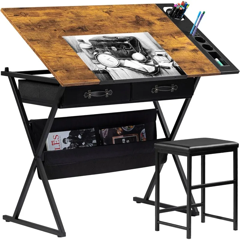 

Drafting Table Art Desk Art Table Adjustable Drawing Table Tilted Tabletop with 2 Storage Drawers and Stool, Drawing Desk