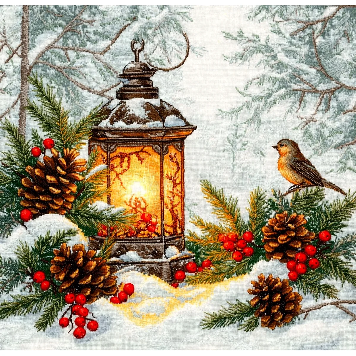 1PC 40X40CM/15.74in ,11Ct/14Ct Cross Stitch Kit Diy Valentine's Day Gift Embroidery Set For Festival,Christmas Lantern Robin