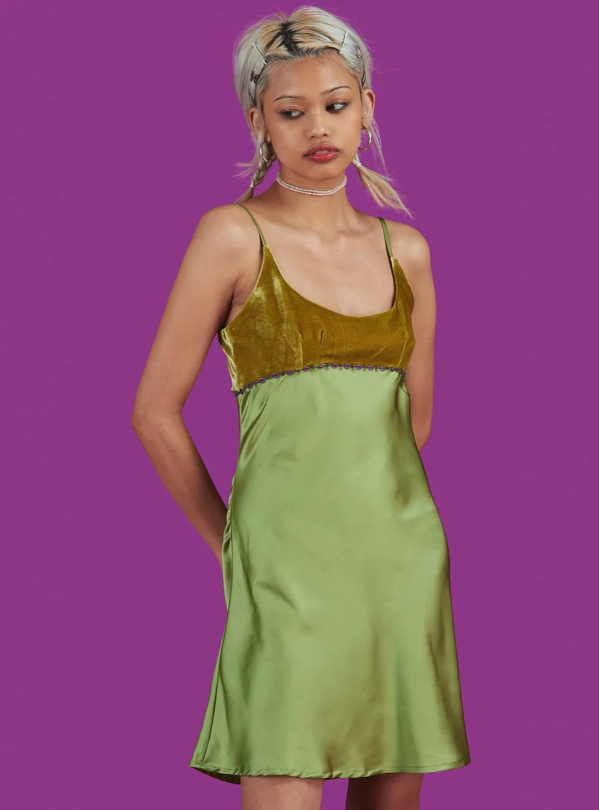 

Summer New European and American Women's Clothing Velvet Stitching Satin Green Suspenders Dress