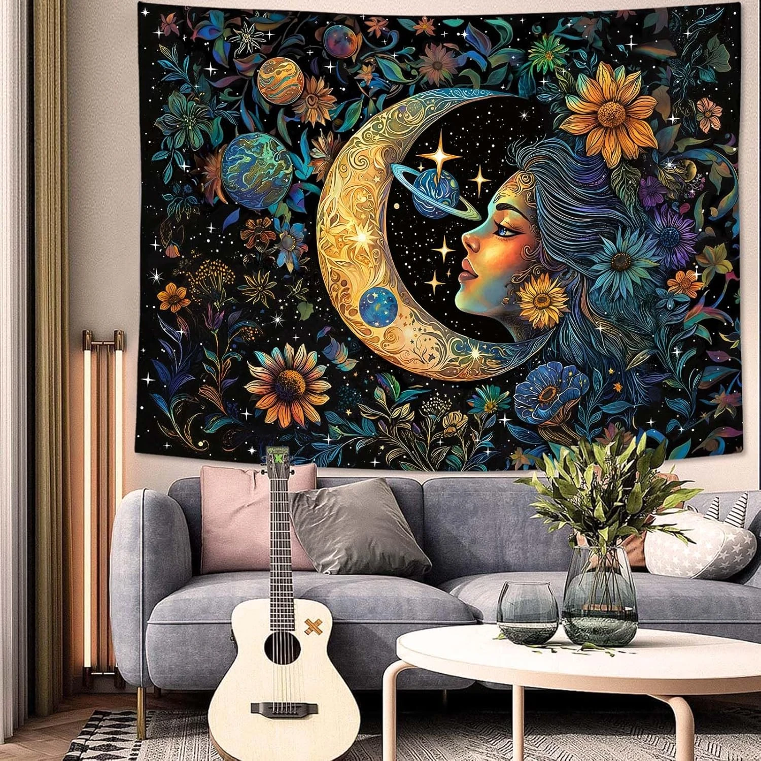 

VIKAMA Moon Goddess Floral Tapestry Boho Witchy Celestial Aesthetic Wall Hanging Bedroom Dorm Living Room Spiritual Home Decor