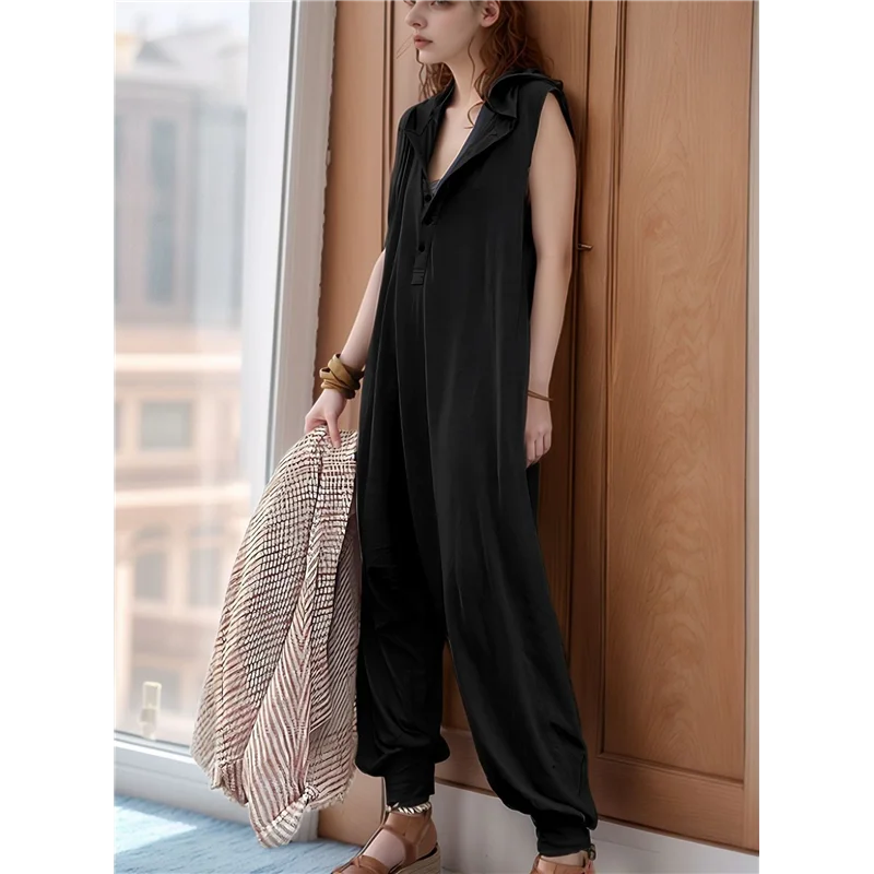 ABRT-dames jumpsuit met knopen, mouwloze jumpsuit met capuchon, outfit, rompertjes, overall met zakken