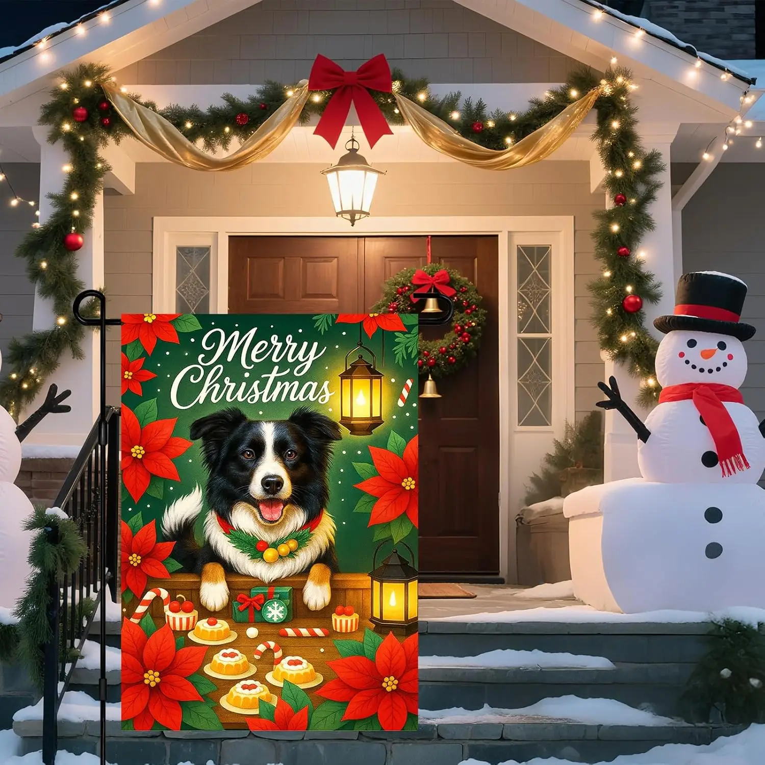 Christmas Garden Flag Border Collie Dog With Cookies Gifts And Lanterns Surrounded By Red Poinsettias 12x18 Inch
