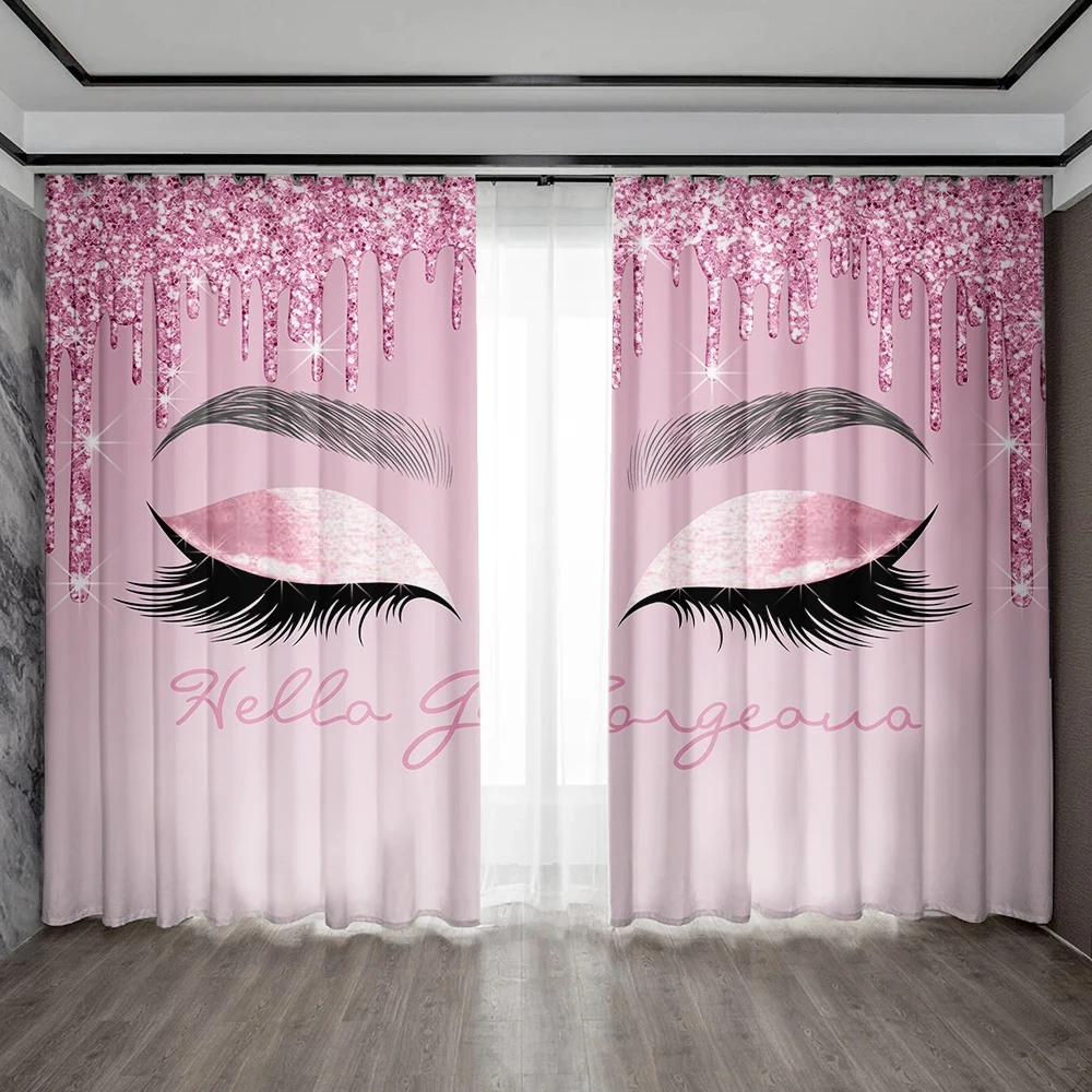 2PC Home Decoration Curtains, Multi-Color Cartoon Cute Eyelashes With Rod Pocket Curtains, Suitable For Kitchens,Cafes, Living