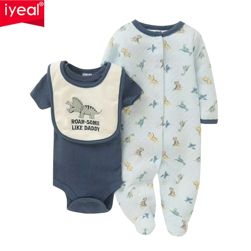 

IYEAL Spring Autumn Baby Boys Girls Cartoon Print Outfits 0-9M Baby Long Sleeve Bodysuits+Rompers +Bib Newborn Suits 3 pcs