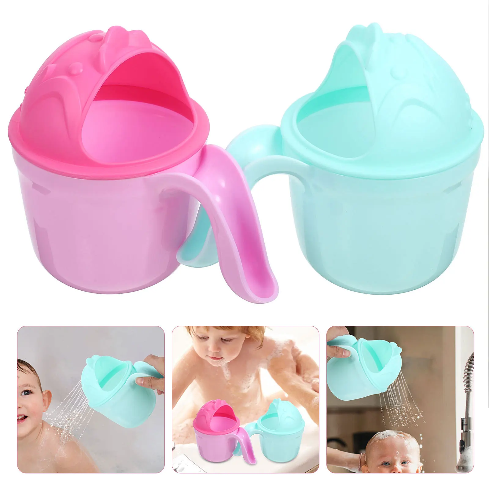 

2pcs Baby Shampoo Cup Ergonomic Handle Fine Water Outlet Portable Rinse Cup For Infant Hair Washing Cartoon Design Bath Rinser