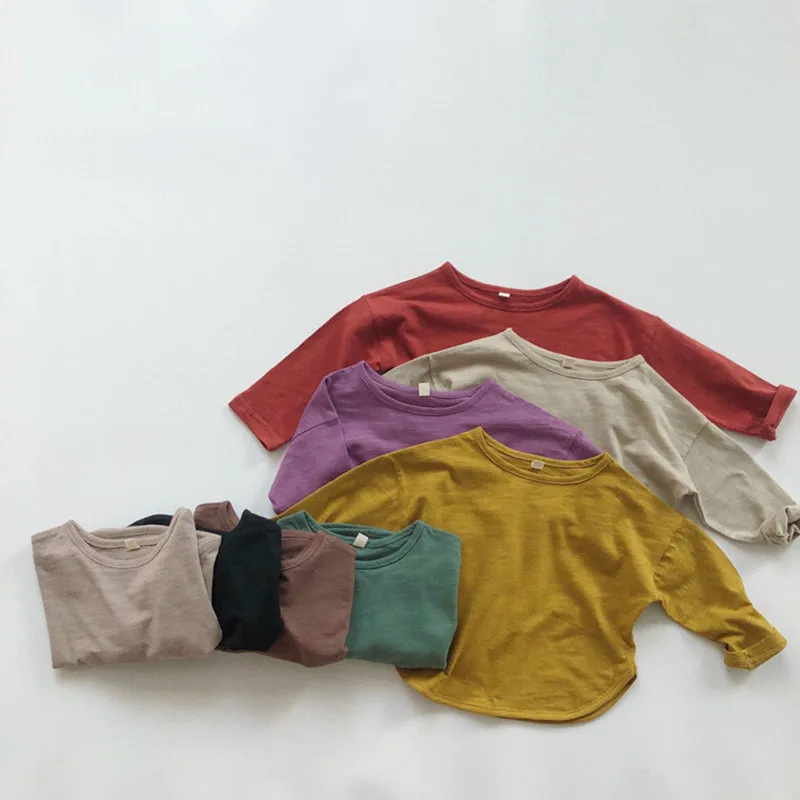 

Весенние детские однотонные футболки с круглым вырезом, повседневная детская футболка, одежда для маленьких мальчиков и девочек