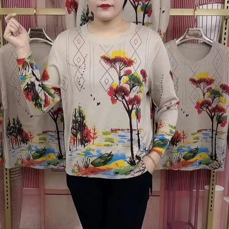 Autumn and Winter New Sweater Middle-aged Mom with Added Weight Fashion Casual Versatile Plus Size Landscape Painting Cotton Top