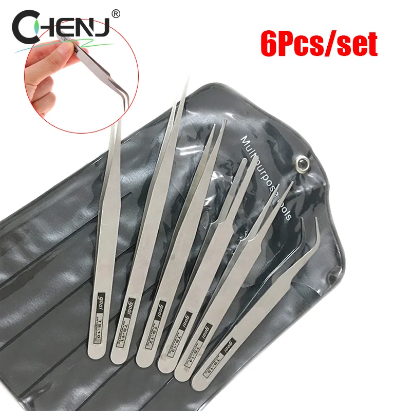 6Pcs/set Stainless Steel Tweezers Repair Tool Industrial Precision Bent Straight Tweezers Repair Props DIY Accessories