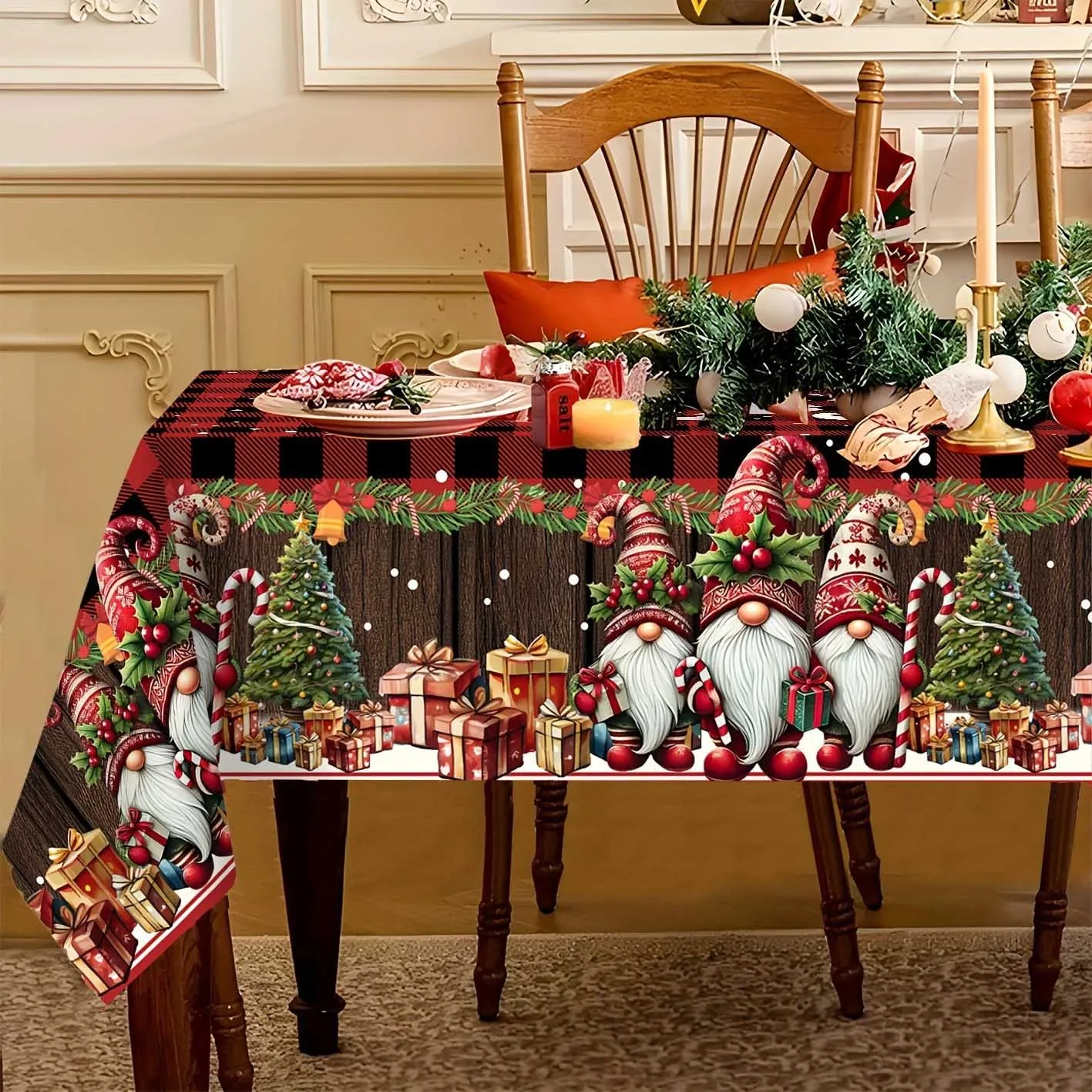 1pc Christmas Gnome Trio Tablecloth with Red Buffalo Check - Rustic Farmhouse Gnomes Design, Fabric Suitable for Indoor/Outdoor