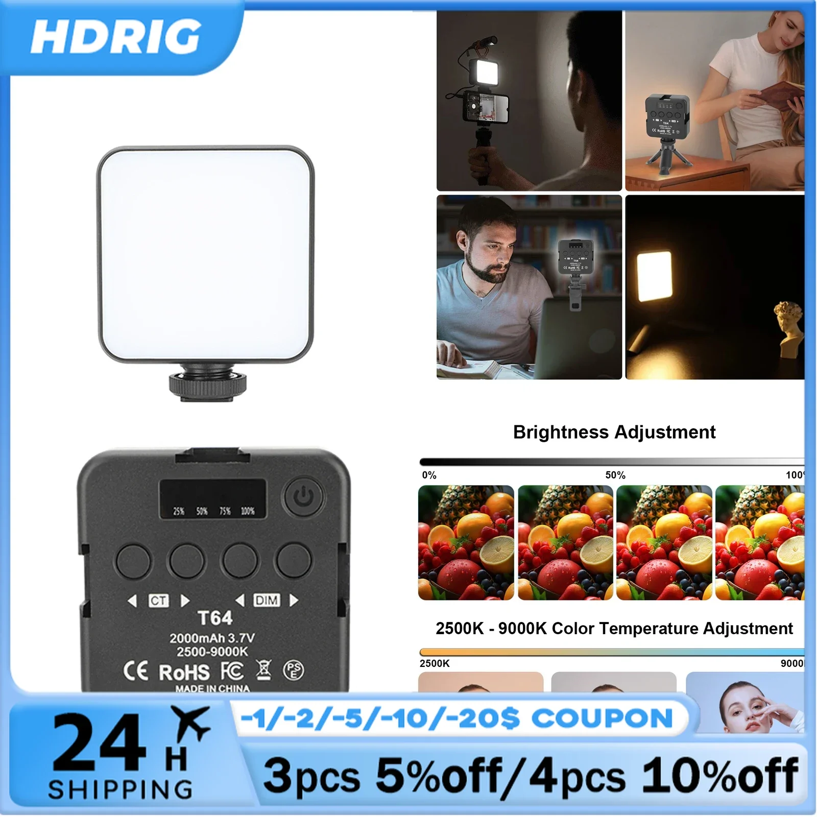 HDRIG LED 비디오 조명, 휴대용 사진 촬영, DSLR 카메라 캠코더 고프로 브이로그용, 2500K-9000K 바이 컬러 조명