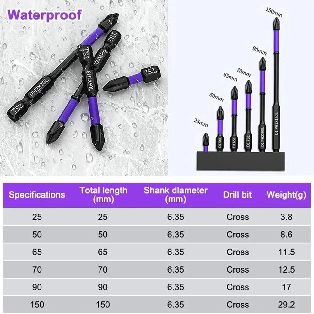 Magnetic Screwdriver Bit Set PH2 Phillips 25-150mm Anti-slip Shockproof Alloy Steel Impact Drill Bits for Outdoor Decoration