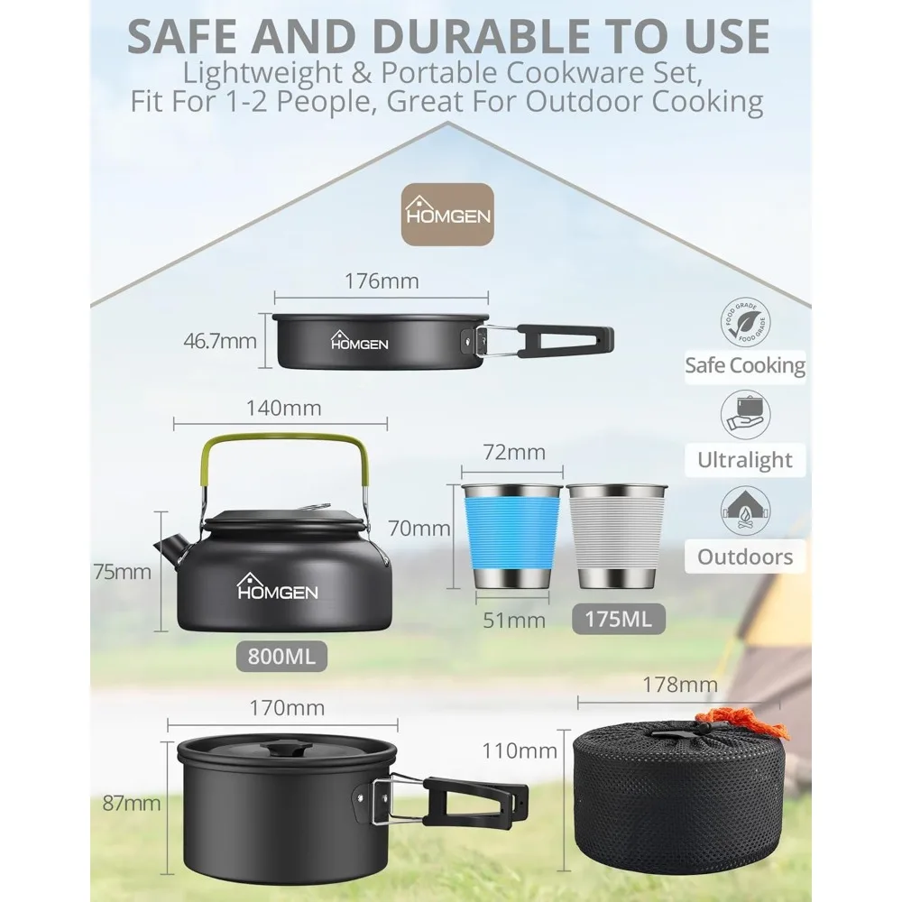 طقم أواني طهي للتخييم من الألومنيوم المؤكسد خفيف الوزن مكون من 12 قطعة من هومجن لشخصين - وعاء/مقلاة مع مقابض قابلة للطي 800 مل