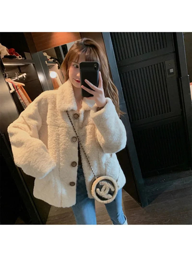 Jehněčí kožešinová bunda pro ženy, podzimní a zimní volné dlouhé rukávy, zesílený sametový svrchní oděv v korejském stylu, všestranný krátký styl - náhled 4
