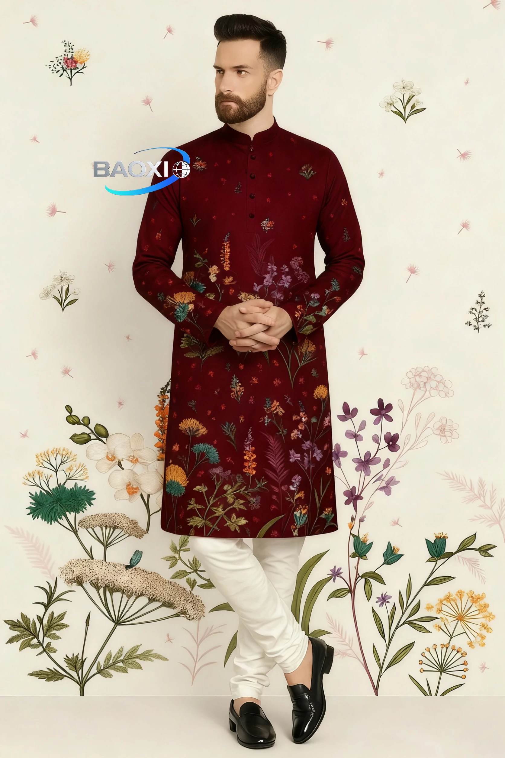 2025 men's printed kurta vardha fashionable and comfortable long robe with a fitted collar suitable for all occasions,