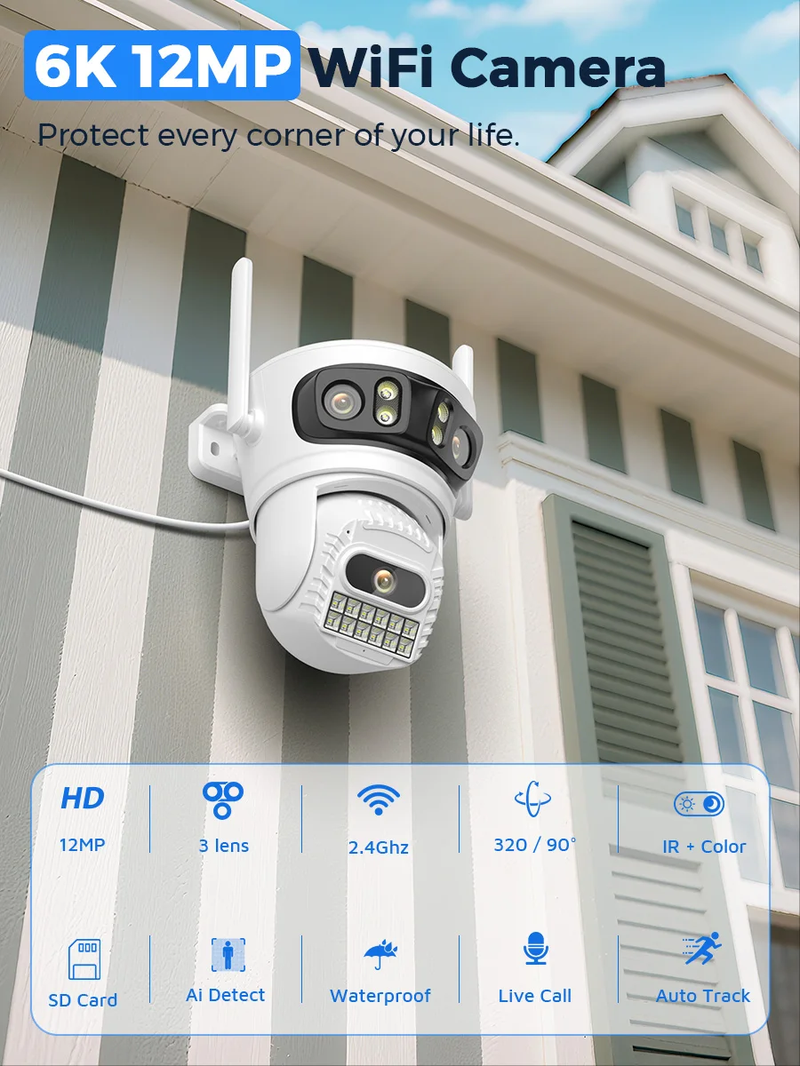 iCsee 6K 12MP HD Outdoor WiFi IP Camera AI Human Detection Waterproof Triple Lens CCTV Video Security System