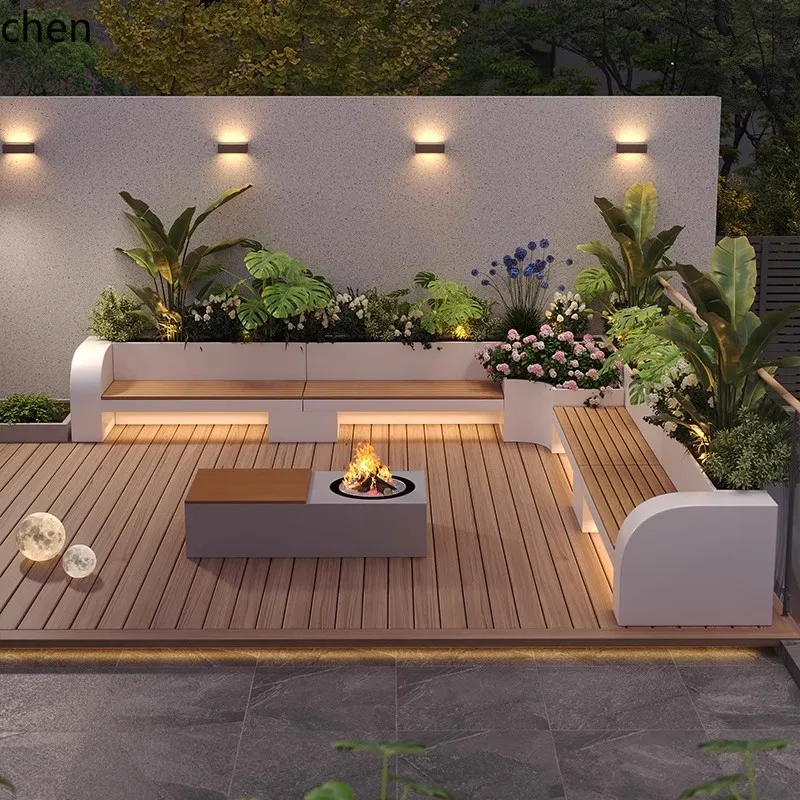 QZT Courtyard Stainless Steel Flower Box and Stool Set Terrace Iron Art Flower Bed Outdoor Leisure Seat