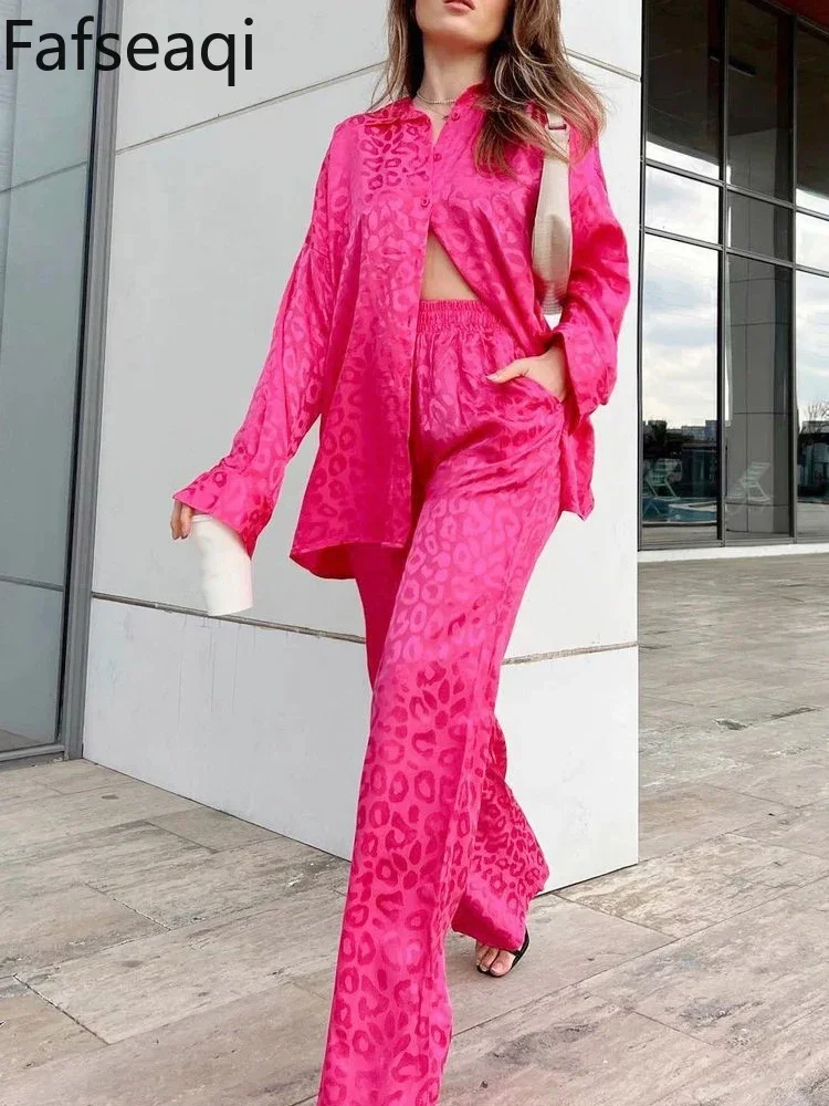 Satin Wide Leg Trousers Suit for Women 2024 Spring Office Leopard Print Two-piece Set Tracksuit Women\'s Pajamas Sets