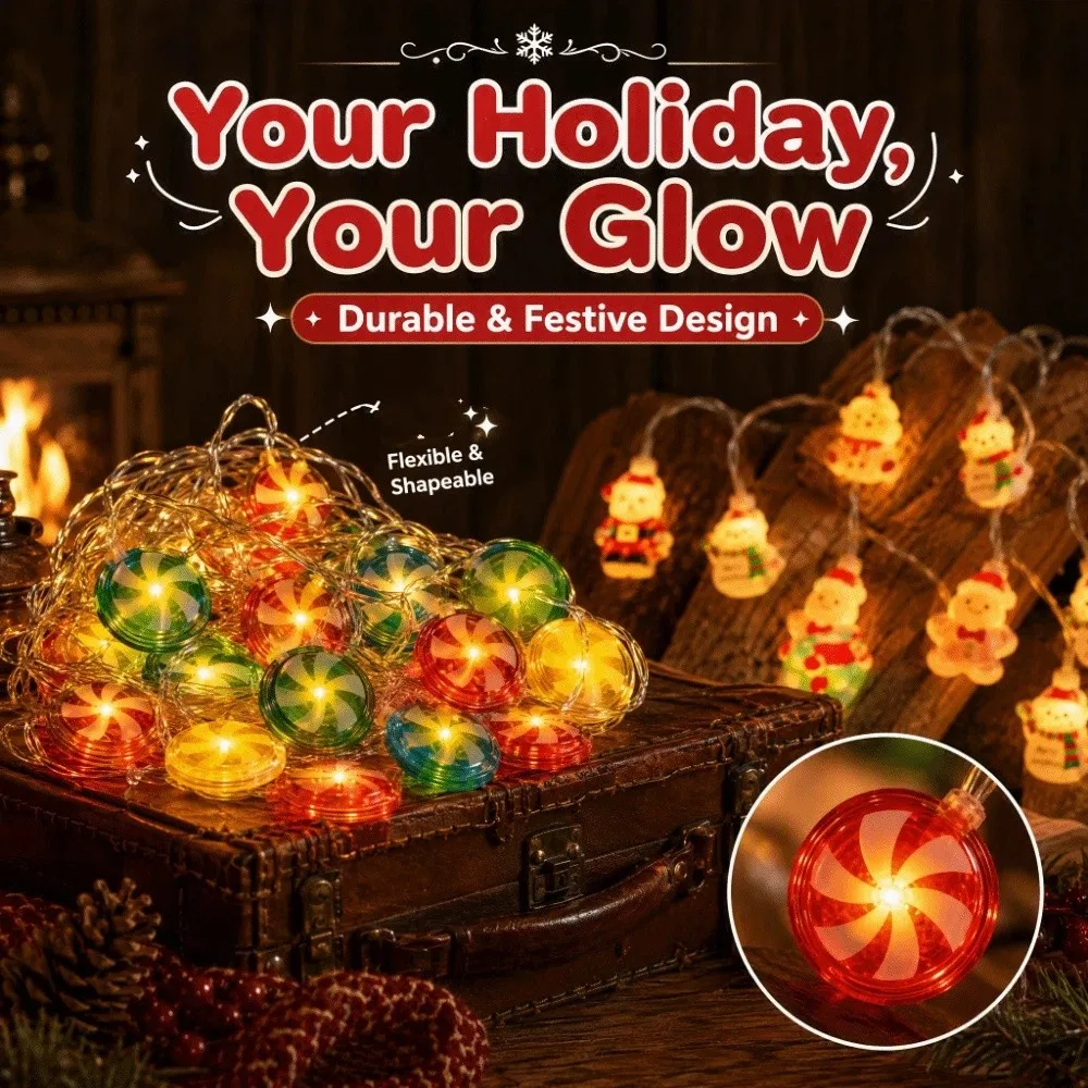 LED Christmas String Lights Christmas style USB Christmas Tree Hangings Cute Round Candy Shape Santa Snowman Lights Porch Decor