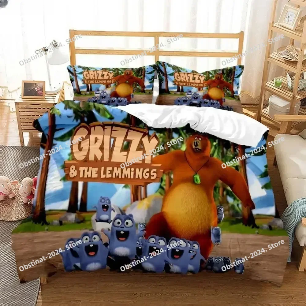 Grizzly & The Lemmings Cartoon Anime Bedding Set Print With Pillowcase Bed Duvet Cover Soft Single Double Queen Super King Size