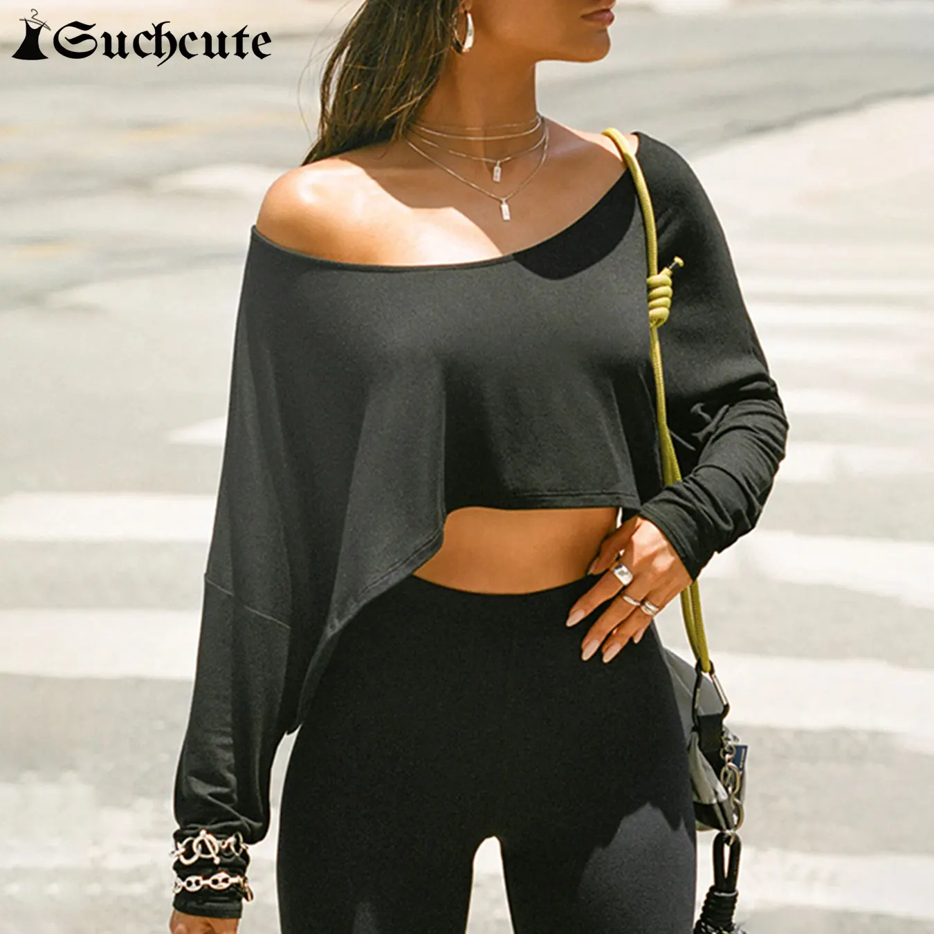 SUCHCUTE Streetwear Off Shoulder Irregular T-shirt Casual Loose Long Sleeve Solid Top Autumn Tees For Women Y2k Clothes Coquette