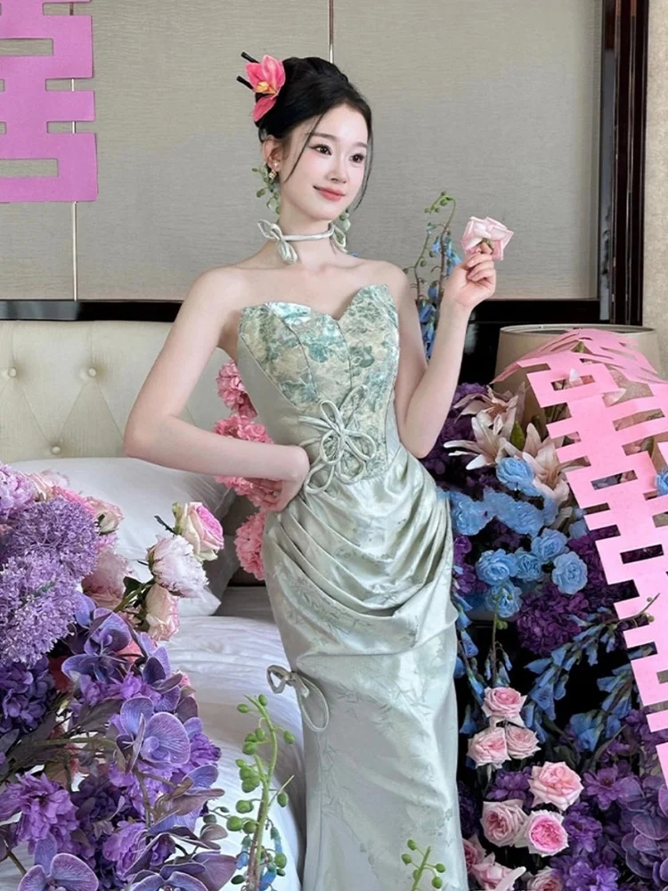 

Ele New Chinese Sle Morning Robe Women's Strapl Wedding Dr for Engagement Dinner Par Host Evening Gown