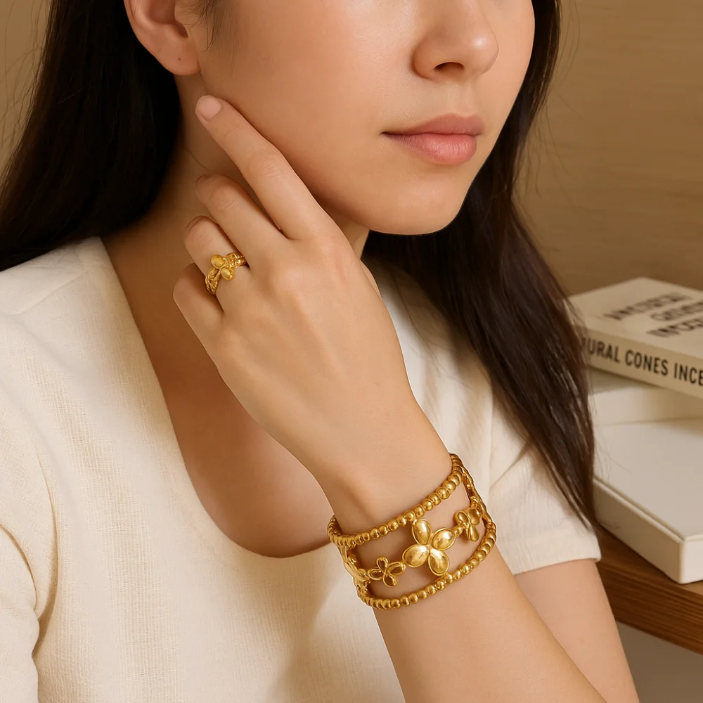 Изысканный браслет-манжета с цветком в форме клевера, золотой/серебряный браслет с полым цветком, широкая манжета, дизайн флоры, открытый браслет, аксессуары для рук