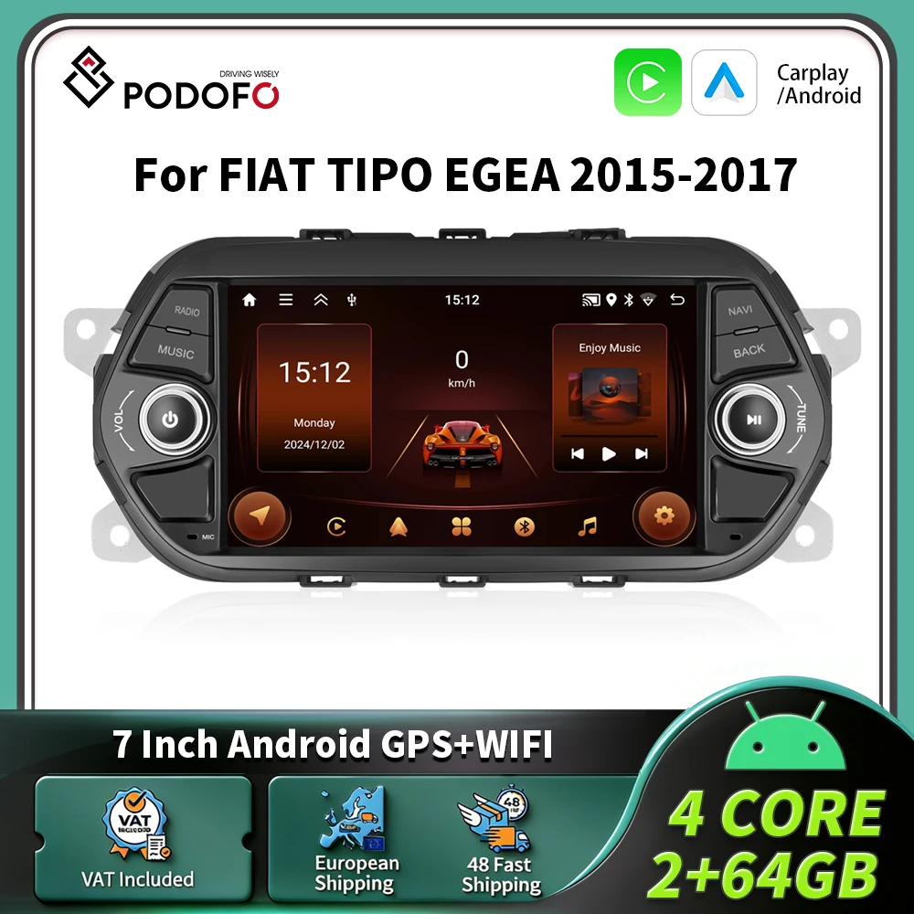 Podofo 7'' Autoradio Carplay Android Auto Intelligentes Autosystem GPS-Navigation Multimedia-Player 2Din MirrorLink Auto WIFI FM BT Für FIAT TIPO EGEA 2015-2017