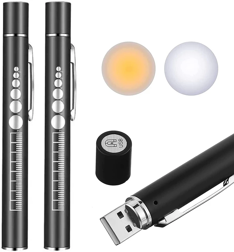 C2 2pcs Dual Beam Led Penlight Slim Usb Rechargeable Mini Portable With Scale Flashlight For Doctors Check Oral Pupil Pen Light