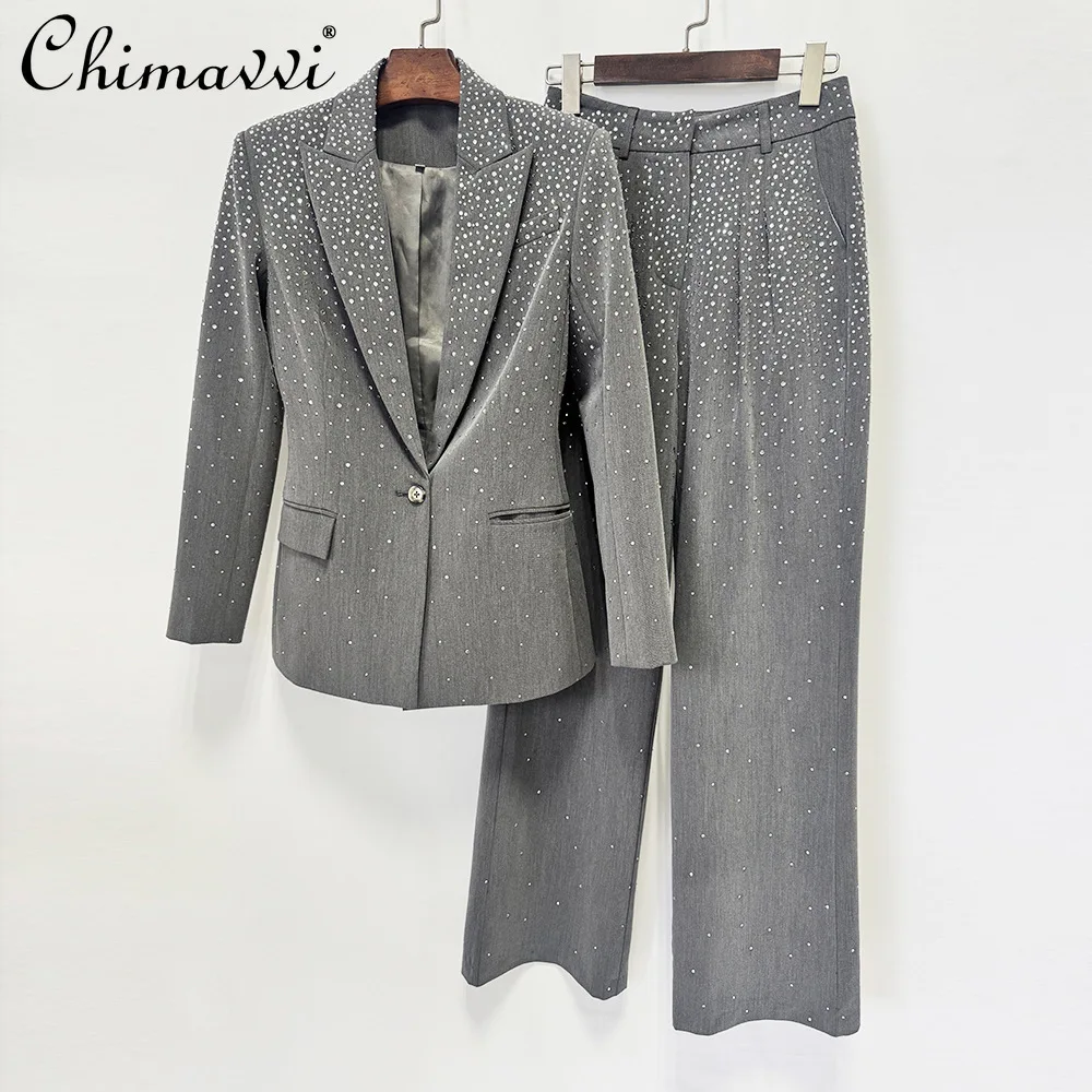 

2026 Autumn Winter New Fashion Chic Hotfix Rhinestone Embellished High-end Grey One-button Blazer and Pants Two-piece Set Women