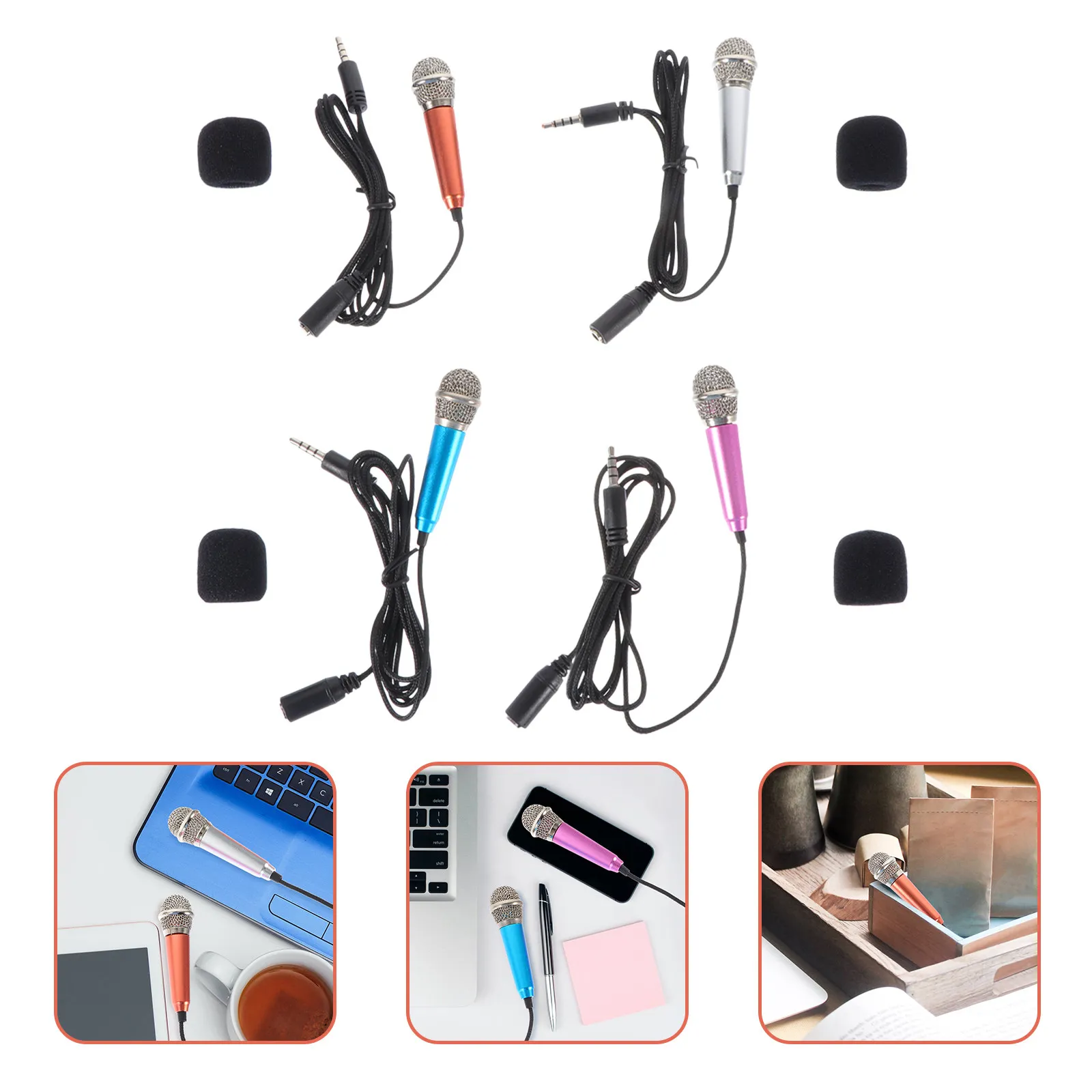 Micrófono portátil de metal de 4 piezas, micrófono de mano para cantar en casa, micrófono de grabación para teléfono, mini micrófono, accesorios para cantar