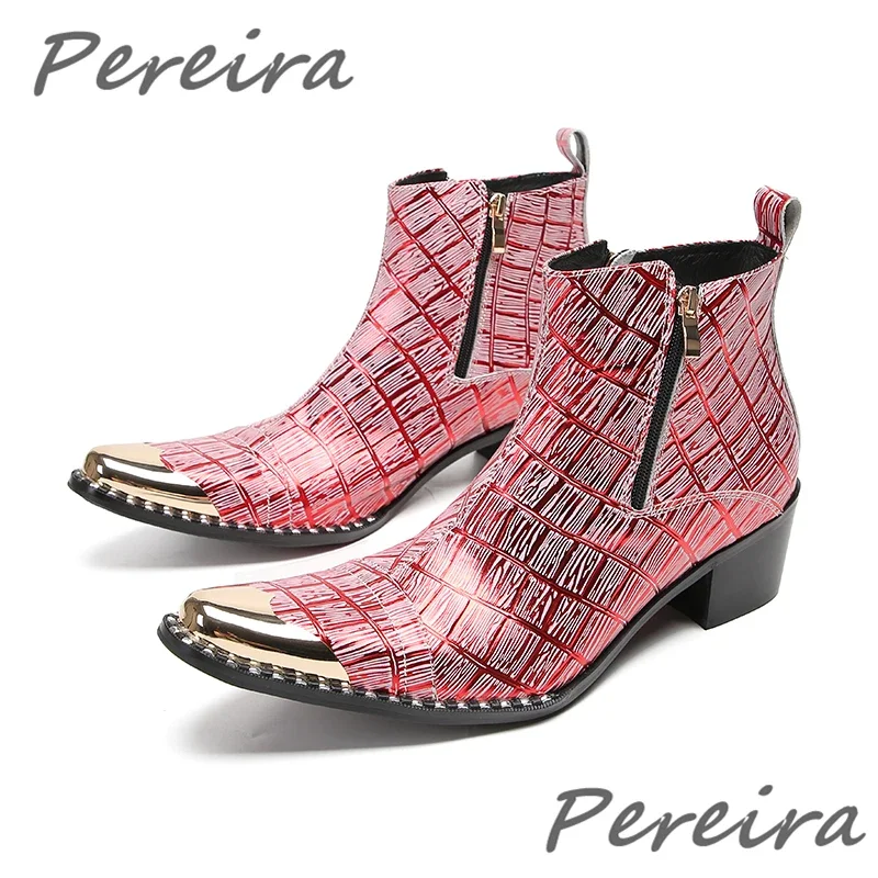 

Green Pink Metal Toe Chelsea Boots Fashion Men Mixed Colors Side Zipper Ankle Boots Fashion Banquet Party Dress Shoes Big Size