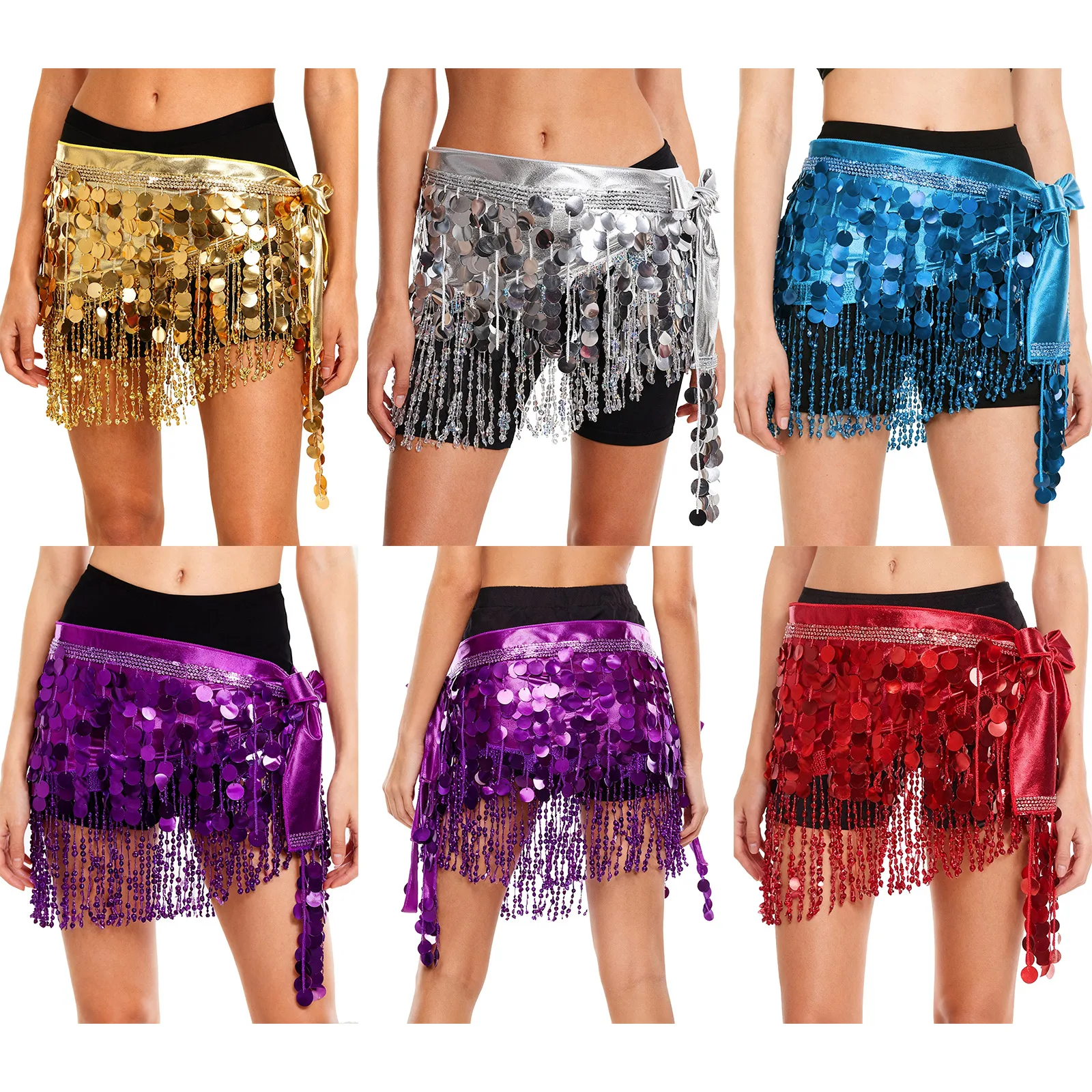 メタリック光沢のある女性用ベリーダンスヒップスカーフ、スパンコールタッセル付き、セルフタイイングラップスカート、ティアードフリンジウエストチェーン、ベリーダンスコスチューム